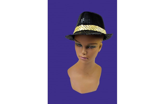 Black and Gold Sequined Fedora Hat 