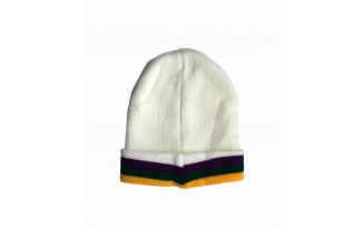 White cozy knitted Beanie with Purple Gold and Green Mardi Gras Stripes