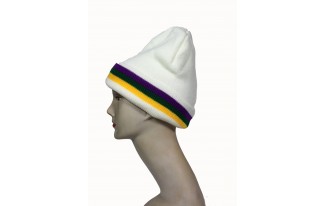 White cozy knitted Beanie with Purple Gold and Green Mardi Gras Stripes