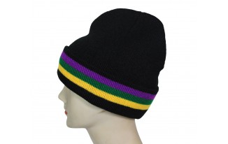 Black knitted Beanie with Mardi Gras Color Stripes
