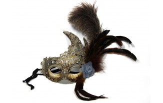 Brown Laced Venetian Mask with Feathers