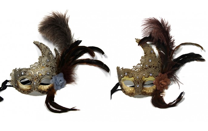Brown Laced Venetian Mask with Feathers