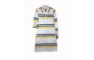 Kids White Rugby Style Pocket Dress with Mardi Gras Colors Thin Stripes 