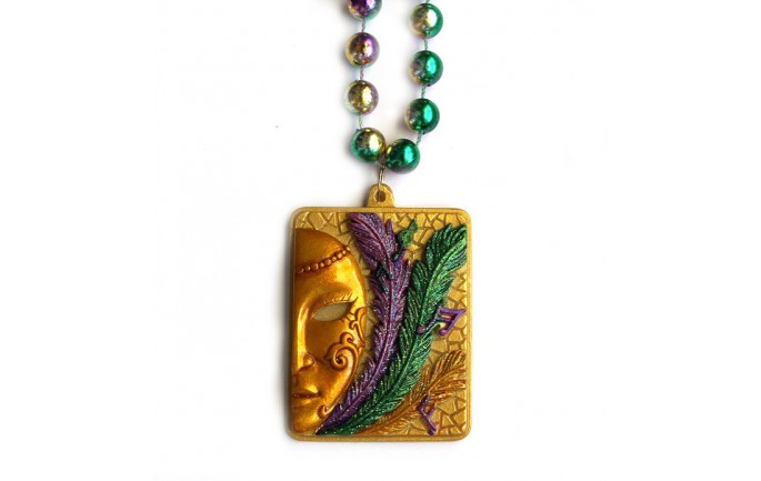 Half Gold Face with Mardi Gras Feathers Beads